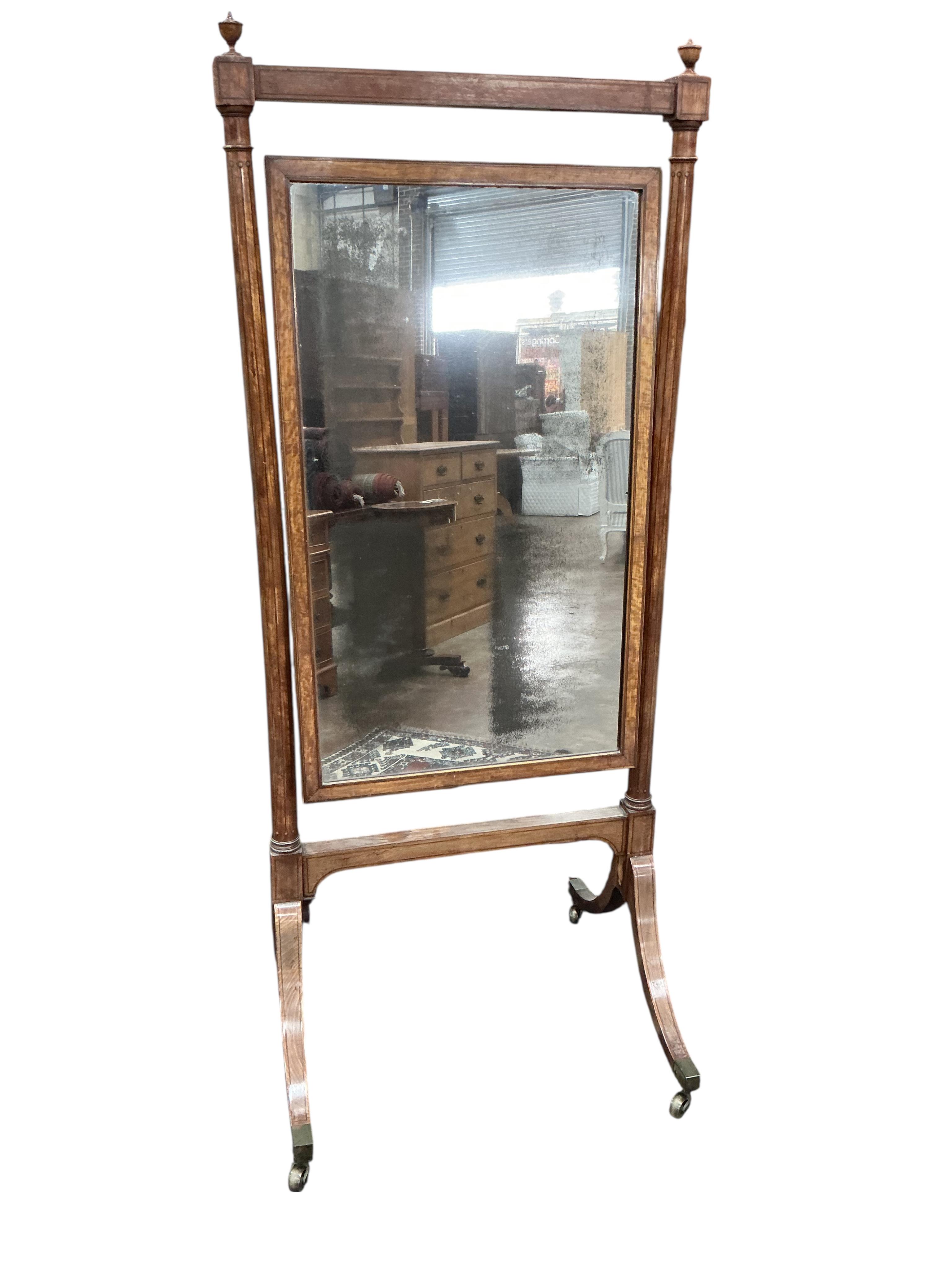 An Edwardian Sheraton Revival banded satinwood cheval mirror, width 69cm, height 187cm
